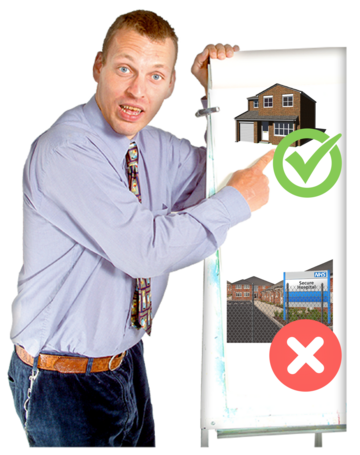 A man is pointing to a house with a green tick on a flip chart. Underneath the house is a picture of a secure hospital with a red cross next to it