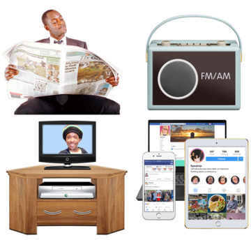 A man reading a newspaper, a radio, at TV and various digital devices showing social media channels