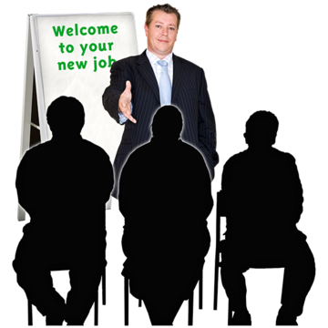 A man is holding out his hand in front of three people who are sat facing him. He is next to a flip chart which says Welcome to your new job.