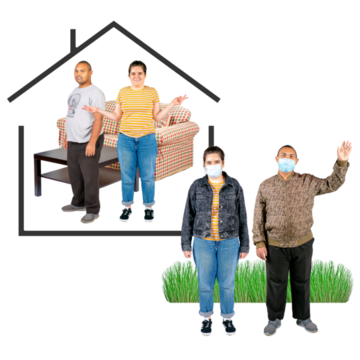 A man and a woman standing in a house. The woman is shrugging. In front of them are a man and woman standing outside. The man is waving.