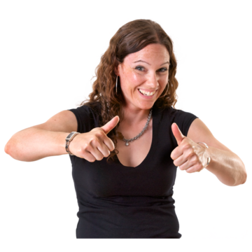 A woman holding her thumbs up and smiling