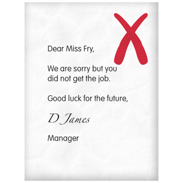 A job rejection letter with a large red cross over the corner