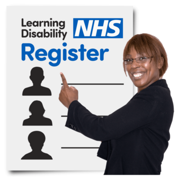 A woman pointing at a page that says NHS Learning Disability Register