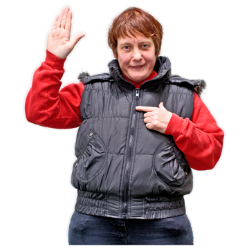 A woman is pointing to herself with one hand and has her other hand raised
