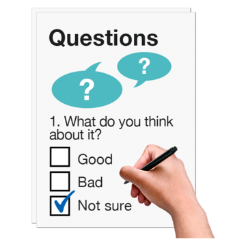A page from a survey with a hand holding a pen ticking an answer box