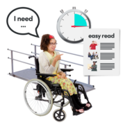 A woman in a wheelchair with a speech bubble that reads "I need..." with a clock, easy read page, and ramp representing reasonable adjustments.