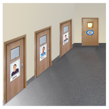Doors in a secure hospital ward with people's names on them