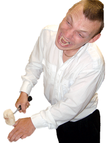 A man is yelling out loud as he has just banged his thumb with a mallet