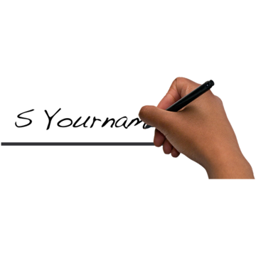 A hand holding a pen writes a signature along a line