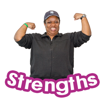 A woman flexes her arms above the word "strengths"