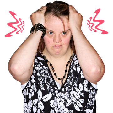 A woman holding her hands to her head looking stressed, with red wavy lines by her head.
