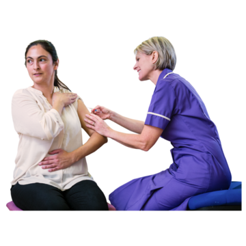 A woman gets a vaccine injection into her arm from a nurse