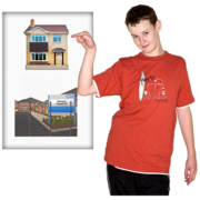 A man pointing to a picture of a house ignoring a picture of a secure hospital
