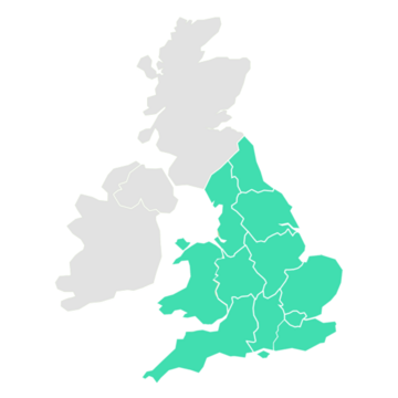 A map of the UK and Republic of Ireland highlighting England and Wales in green
