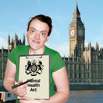 A woman with a clipboard with the Mental Health Act on it standing in front of the Houses of Parliament