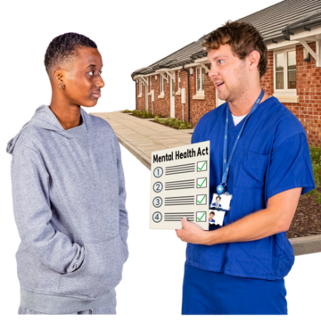 A nurse shows a woman the mental health act on paper. They are standing in front of a row of houses