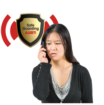 A woman looking worried is talking on the telephone. Behind her is a gold shield which says Safe Guarding Alert