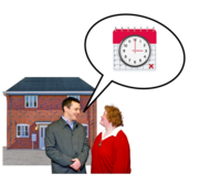 A man is talking to a woman outside a house. The  speech bubble shows a calendar and a stopwatch