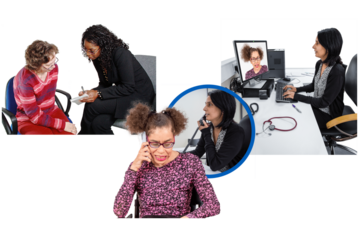 3 pictures. 1 is a woman talking to another woman on chairs. 1 is a woman talking on the phone to someone, 1 is a video call between two people - one is sitting at a desk