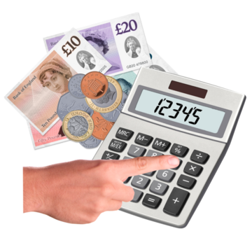 A calculator next to a pile of money