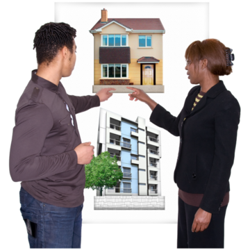 A woman is showing a man different homes