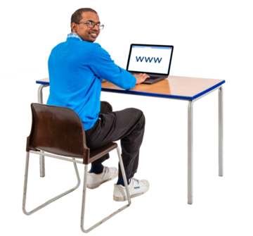A man searching for a webpage on a laptop sitting at a desk