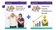 Two benefit leaflets with a plus sign between them. One is Constant Attendance Allowance and the other is Industrial Injuries Disablement Benefit