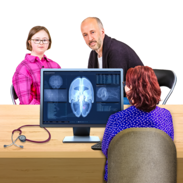A man is sitting next to a young woman who is being given test results by a doctor