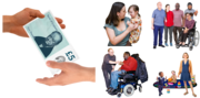 A hand passing a £5 note to another hand - this picture is beside pictures of someone holding a child, a group of people with disabilities, a childminder and a carer giving someone in a wheelchair a cup of tea