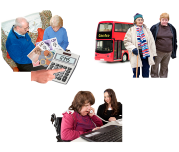 A woman helping a man next to a calculator and a pile of money. Two women next to a red bus. A woman helping someone in a wheelchair make a phone call