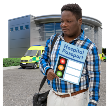A man standing outside a hospital holding a Hospital Passport