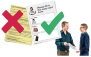 A complicated form with a red cross on it next to an Easy Read version of the same form which has a green tick on it. This is next to a picture of a man giving another man a leaflet