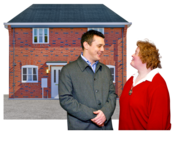A man is standing outside a semi detached house talking to one of the people who live there.