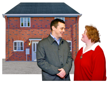 A man is standing outside a semi detached house talking to one of the people who live there.