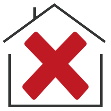 The outline of a house with a red cross inside it
