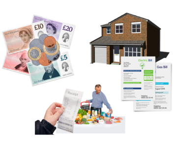 A pile of notes and change, a house, energy bills and a person shopping next to a receipt