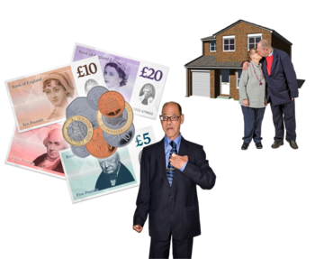 A man pointing to himself next to a pile of money. Behind that is a picture of a couple outside their home kissing