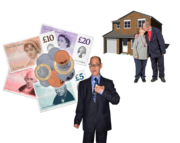 A man pointing to himself next to a pile of money. Behind that is a picture of a couple outside their home kissing
