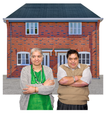 Two neighbours outside their new build houses have their arms folded looking annoyed