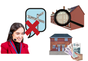 A helpline advisor has a red cross through her picture. This is next to pictures of a magnifying glass over some houses and a house next to a handful of money