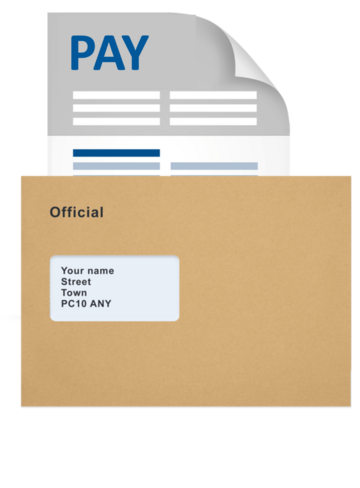 A brown envelope with a Pay slip coming out of it
