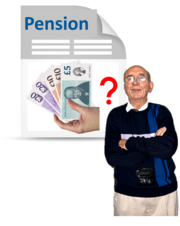 An old man standing next to a letter with the title Pension. In the letter is a picture of a handful of money and a question mark.