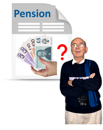 An old man standing next to a letter with the title Pension. In the letter is a picture of a handful of money and a question mark.