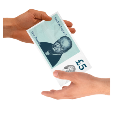 A hand passing a five pound note into another hand