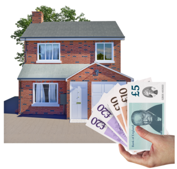 A house next to a hand with a lot of money in it