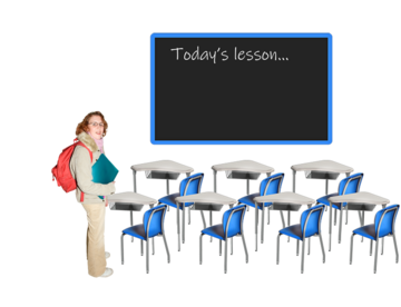 A young woman with a back pack and carrying books is standing in a classroom