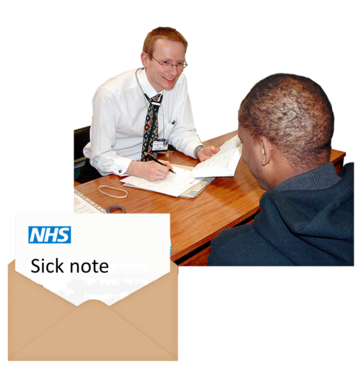 A doctor is writing a letter at a desk talking to a patient. In front of them is an open envelope with an NHS letter in it which says Sick note