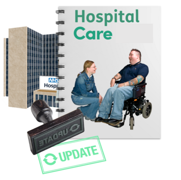 A book called Hospital care and an update stamp in front of a hospital building