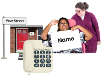 A carer has her arm around a woman in a wheelchair who is holding up a sign which says Name. Next to her is a front door with a street sign and a telephone
