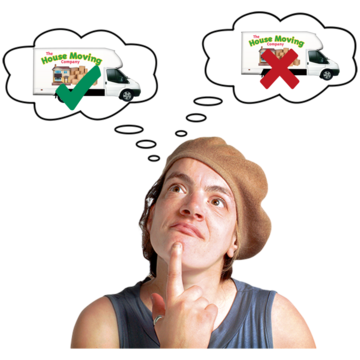 A woman is thinking. There are two thought bubbles above her head. One shows a house removal van with a green tick over it, whereas the other shows a removal van with a red cross over it